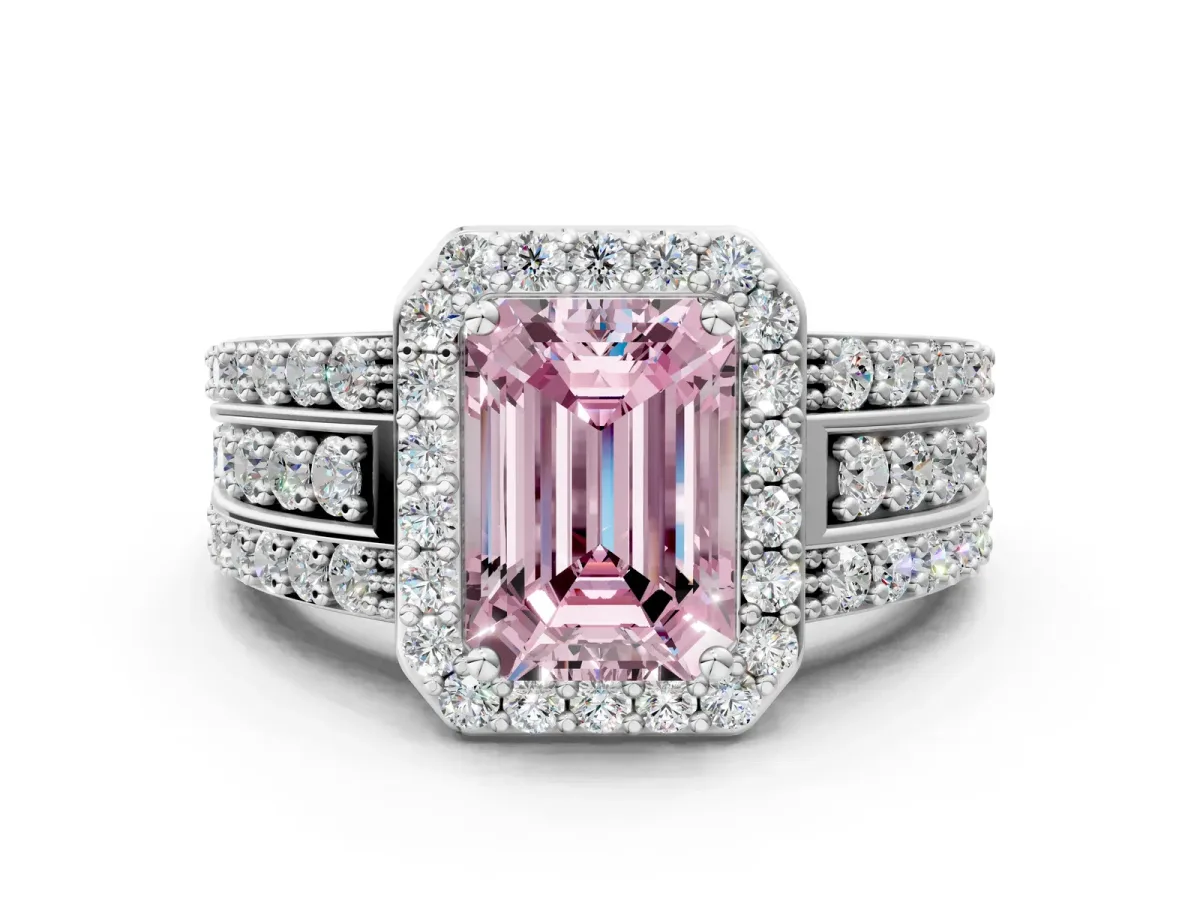 Fancy Pink Emerald Cut Halo Diamond Ring with Round Split Shank and Prong Setting Silver