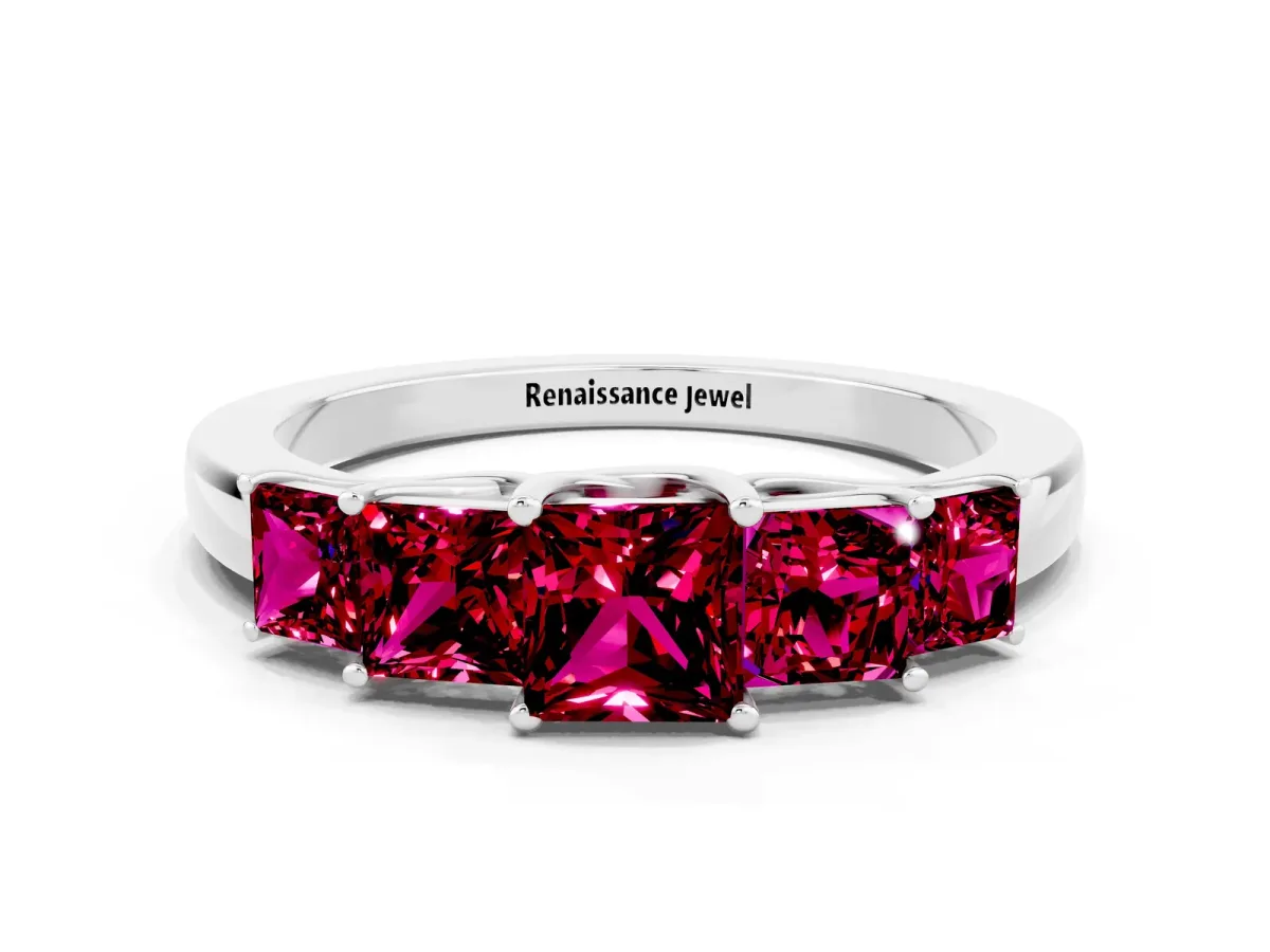 Princess Cut Five-Stone Garnet Ring with Classic Prong Setting White gold