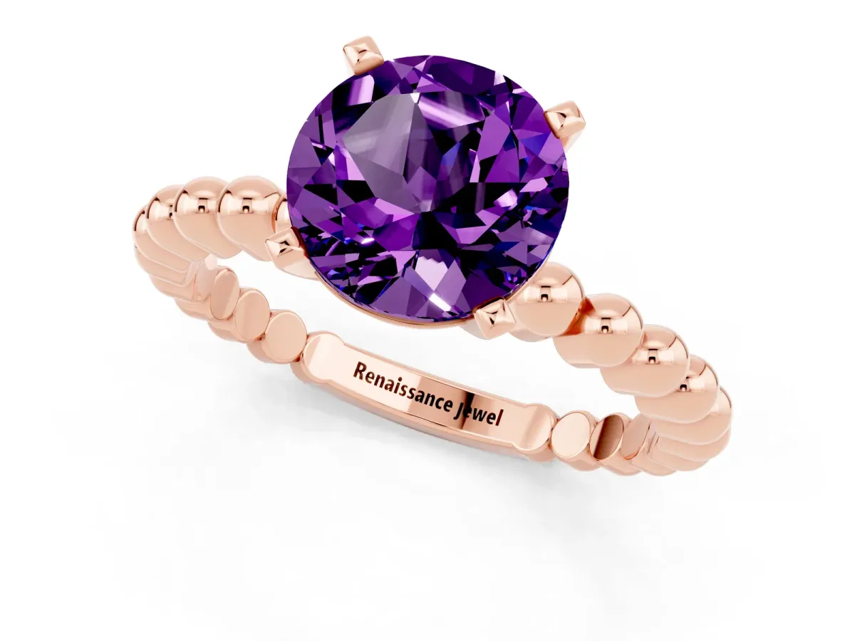 Round Cut Amethyst Solitaire Ring with Beaded Band and Prong Setting Rose gold
