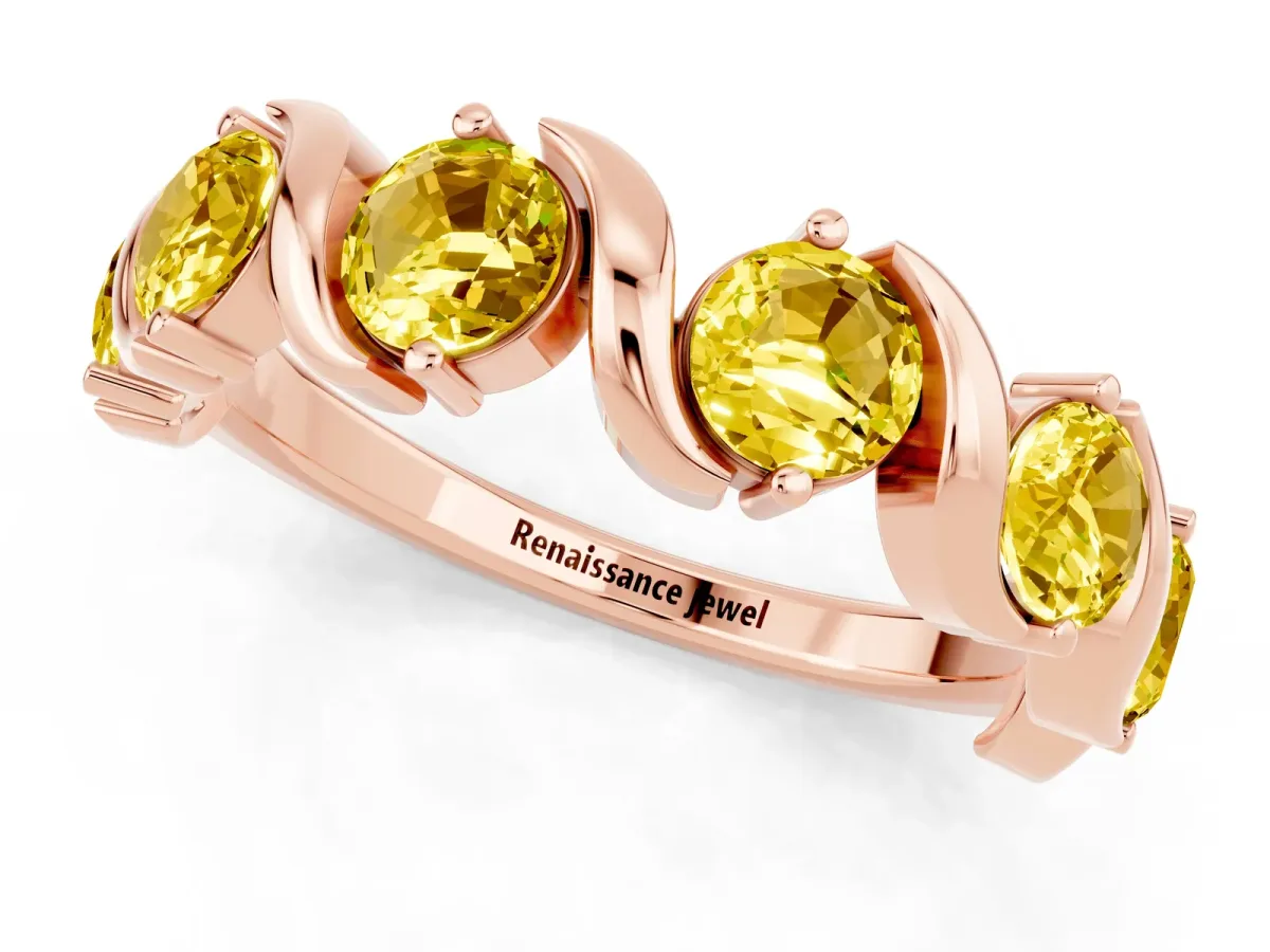 Round Yellow Sapphire Half Eternity Band with Wave Prong Setting Rose gold