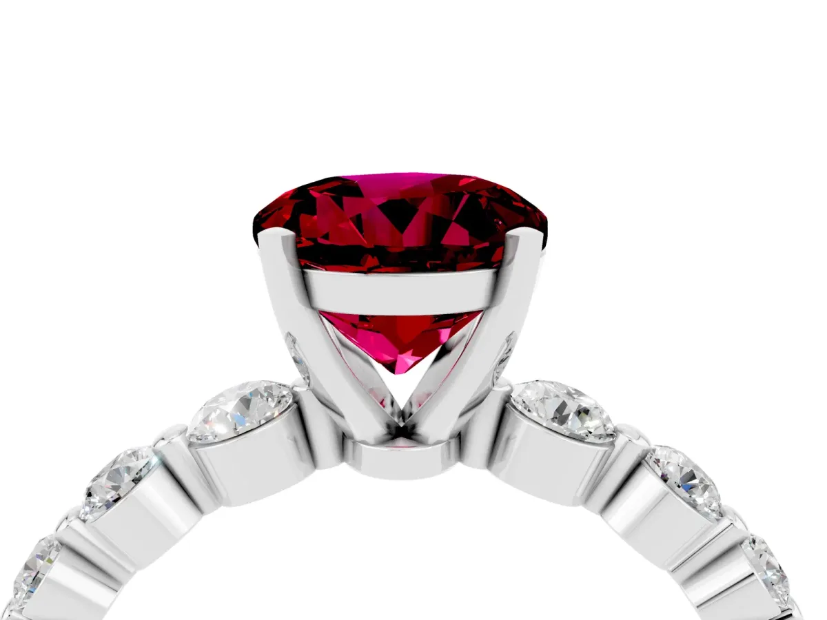 Round Cut Solitaire Garnet Ring with Pave Band and Four-Prong Setting Silver
