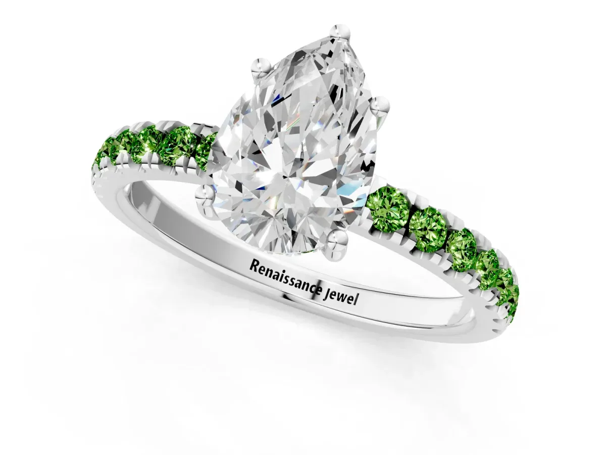 Pear Cut Diamond Pave Band Solitaire Ring with Round Peridot and Prong Setting Platinum