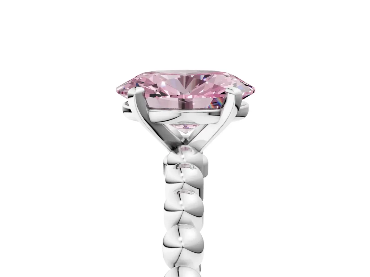 Fancy Pink Oval Cut Diamond Solitaire Ring with Beaded Band and Prong Setting White gold