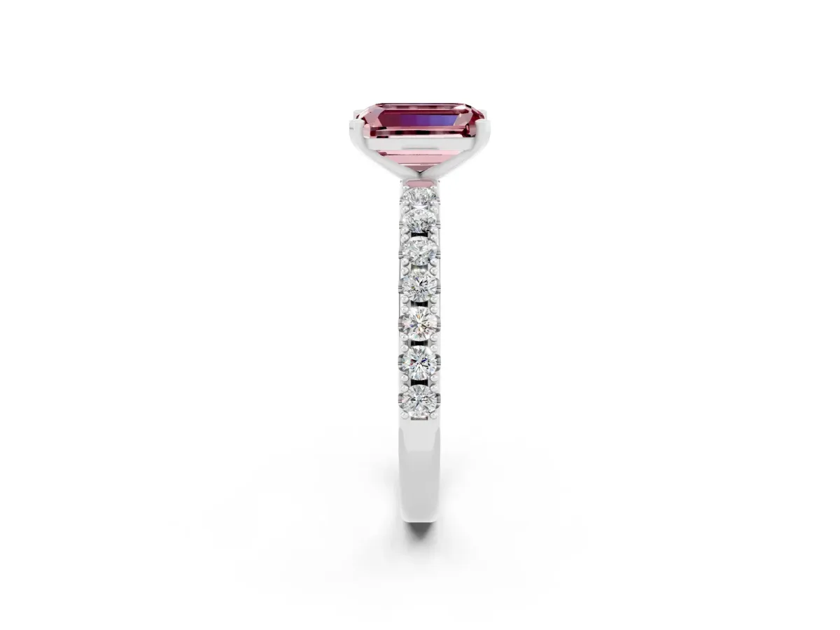 Emerald Cut Morganite Solitaire Pavé Band with Four-Prong Setting Platinum