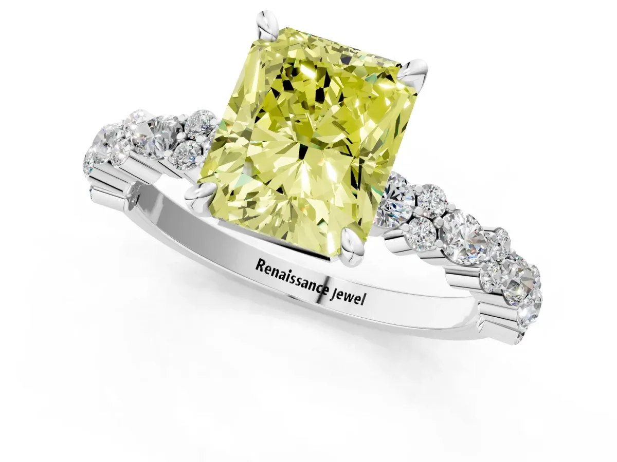 Fancy Yellow Radiant Cut Diamond Side Stone Solitaire Ring with Round and Four-Prong Setting Silver