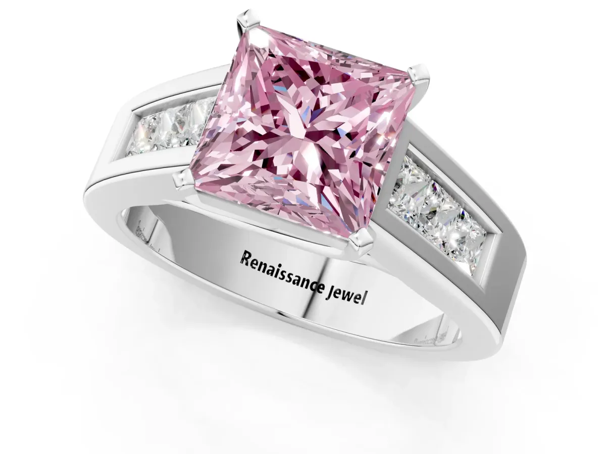 Fancy Pink Princess Cut Cut Channel Set Solitaire Ring with Four-Prong Setting Platinum