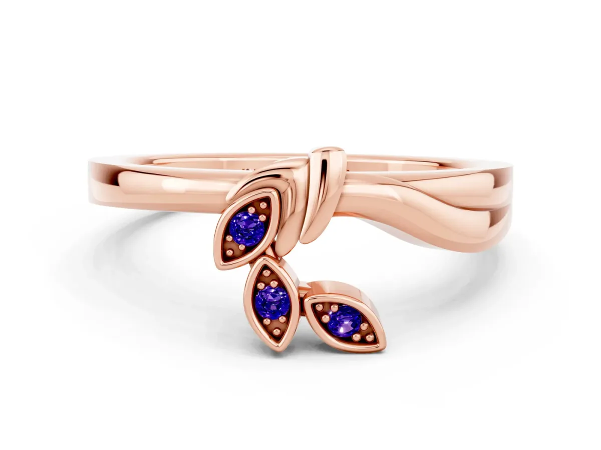 Three-Stone Round Tanzanite Leaf Bypass Ring with Bezel Setting Rose gold