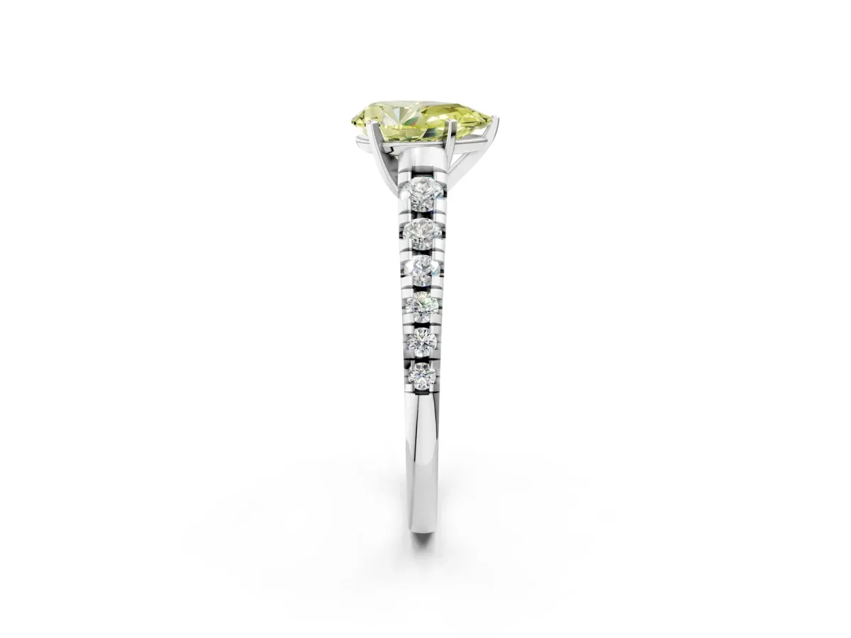 Fancy Yellow Pear Cut Diamond Cathedral Solitaire Ring with Round Pavé Band Silver