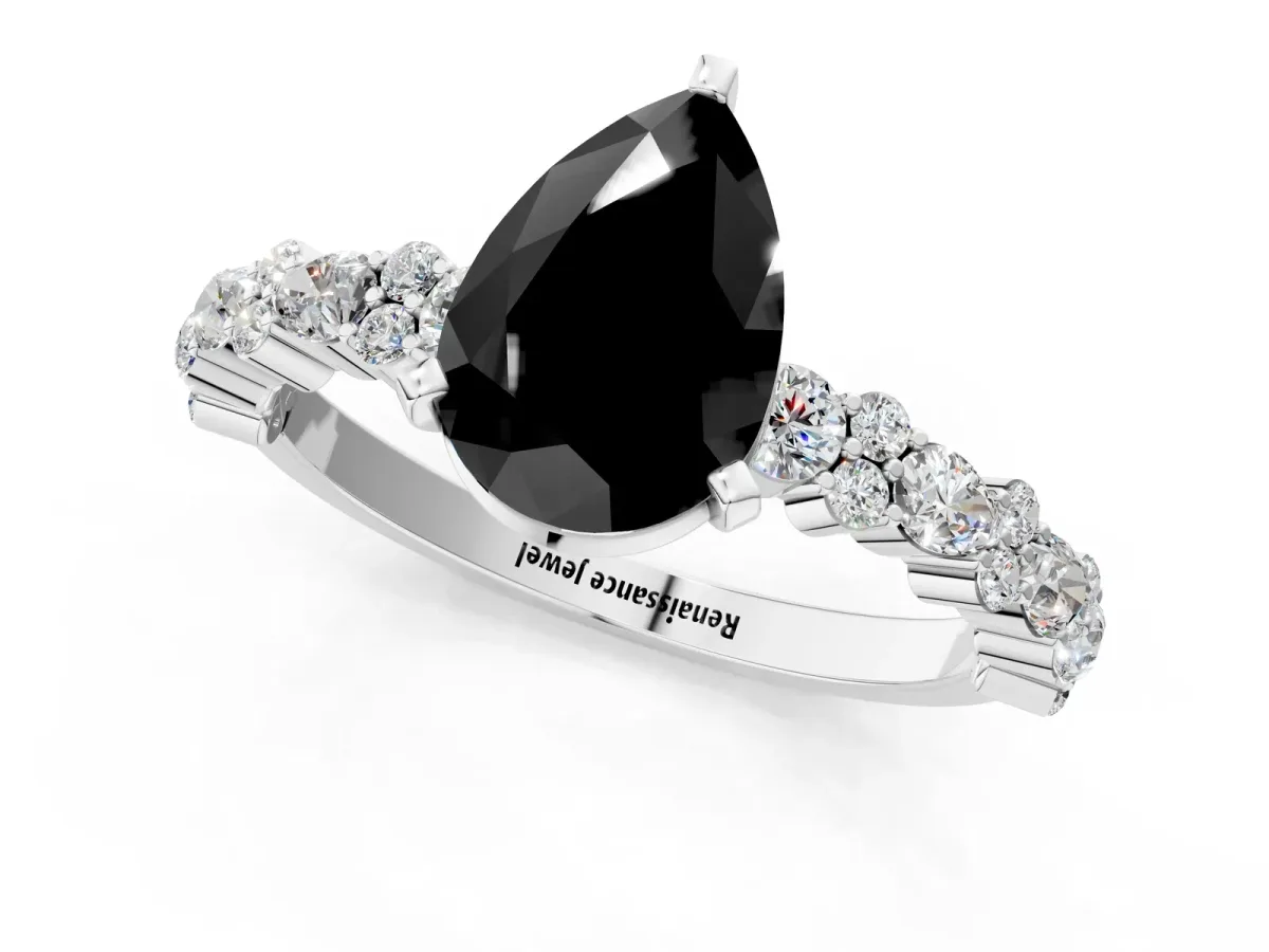 Fancy Black Pear Cut Diamond Side Stone Solitaire Ring with Round and Four-Prong Setting Silver