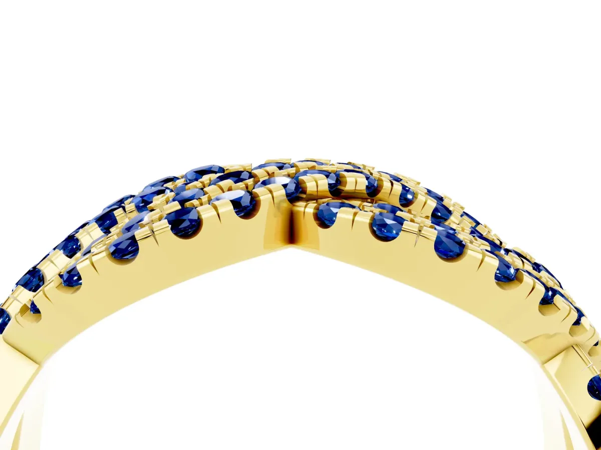 Pavé Round Blue Sapphire Infinity Twist Band with Shared Prong Setting Yellow gold