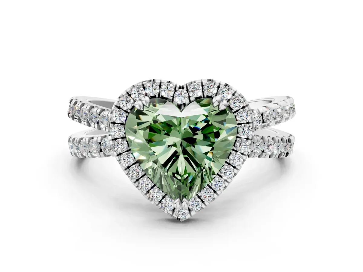 Fancy Green Heart Cut Halo Split Shank Diamond Ring with Pavé Setting Platinum