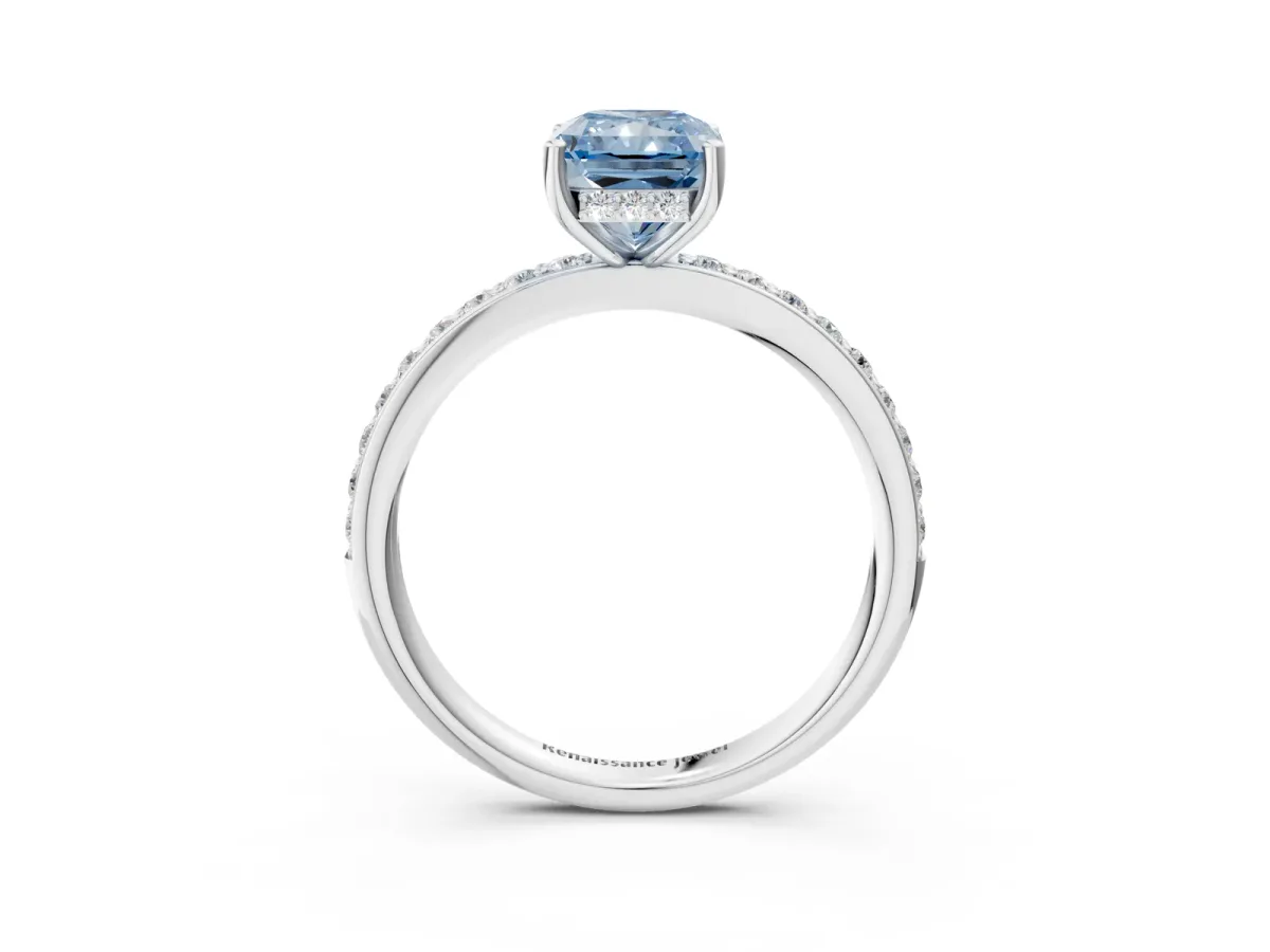 Fancy Blue Radiant Cut Cut Diamond Pavé Band Ring with Four-Prong Setting Platinum