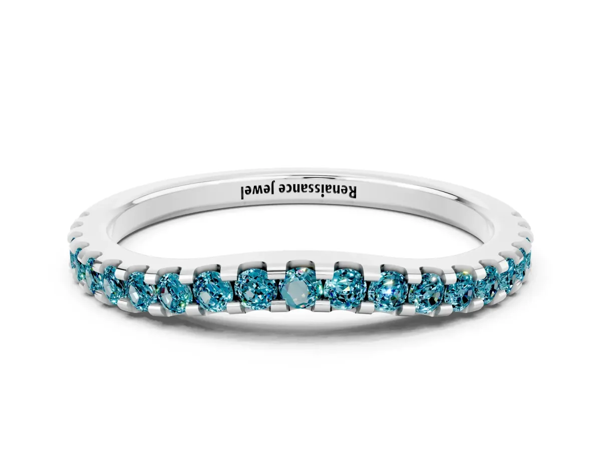 Round Blue Topaz Pavé Curved Wedding Band Platinum