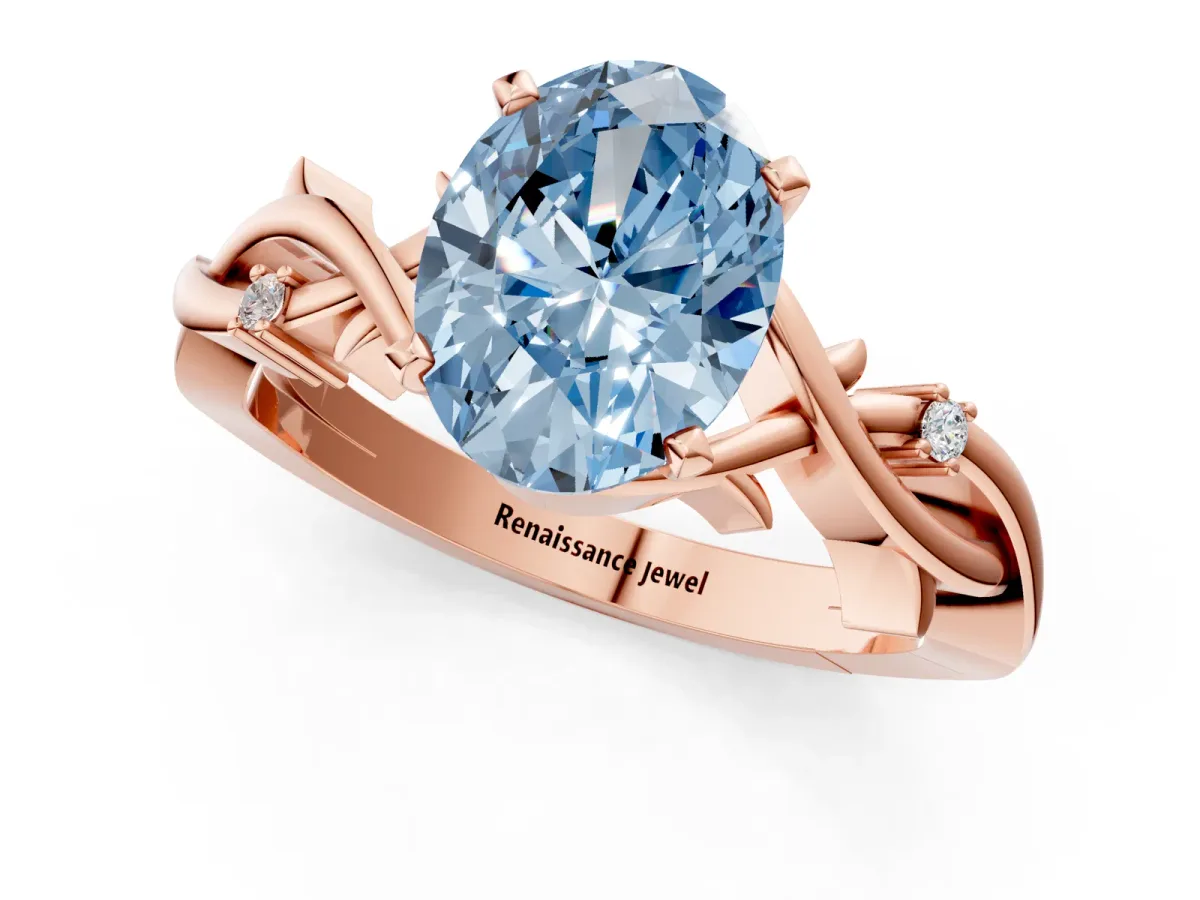 Fancy Blue Oval Cut Diamond Solitaire Ring with Twisted Band and Prong Setting Rose gold