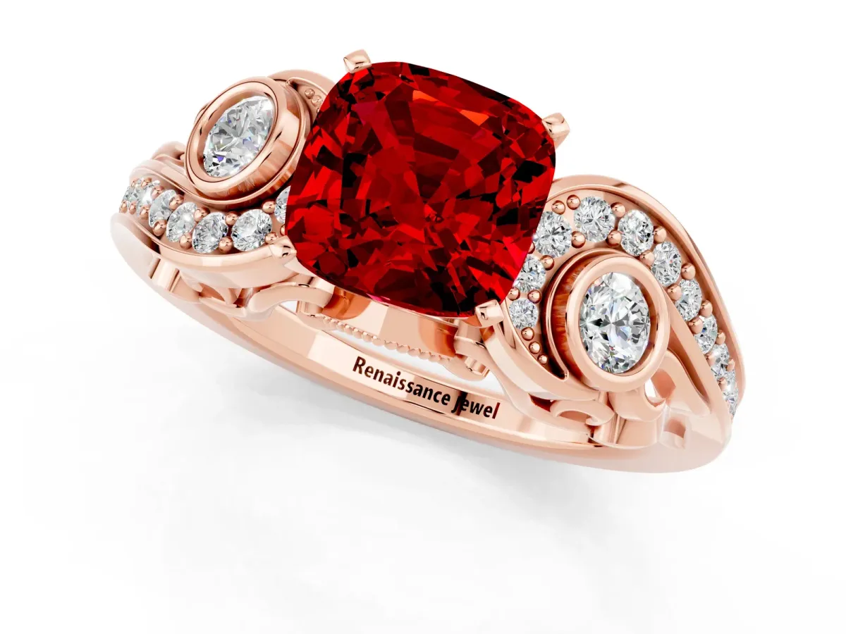 Cushion Cut Ruby Solitaire Ring with Milgrain Pavé Band and Four-Prong Setting Rose gold