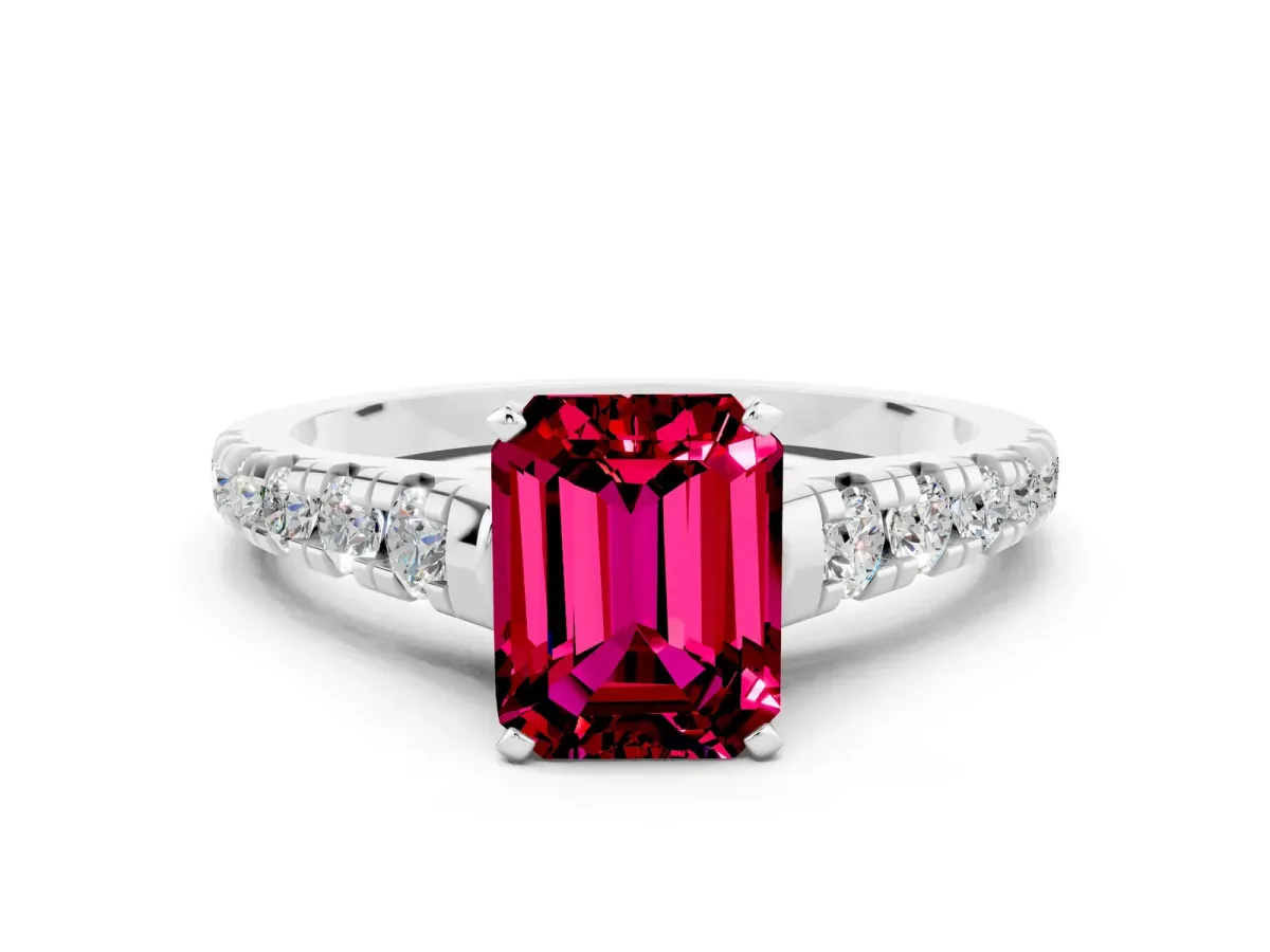 Emerald Cut Garnet Cathedral Solitaire Ring with Round Pavé Band Silver