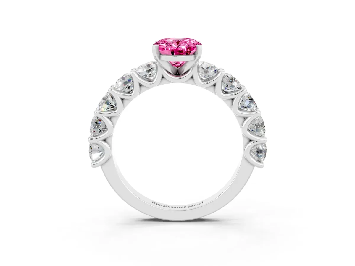 Oval Cut Pink Sapphire Prong Setting with Side Stones on a Pave Band Silver