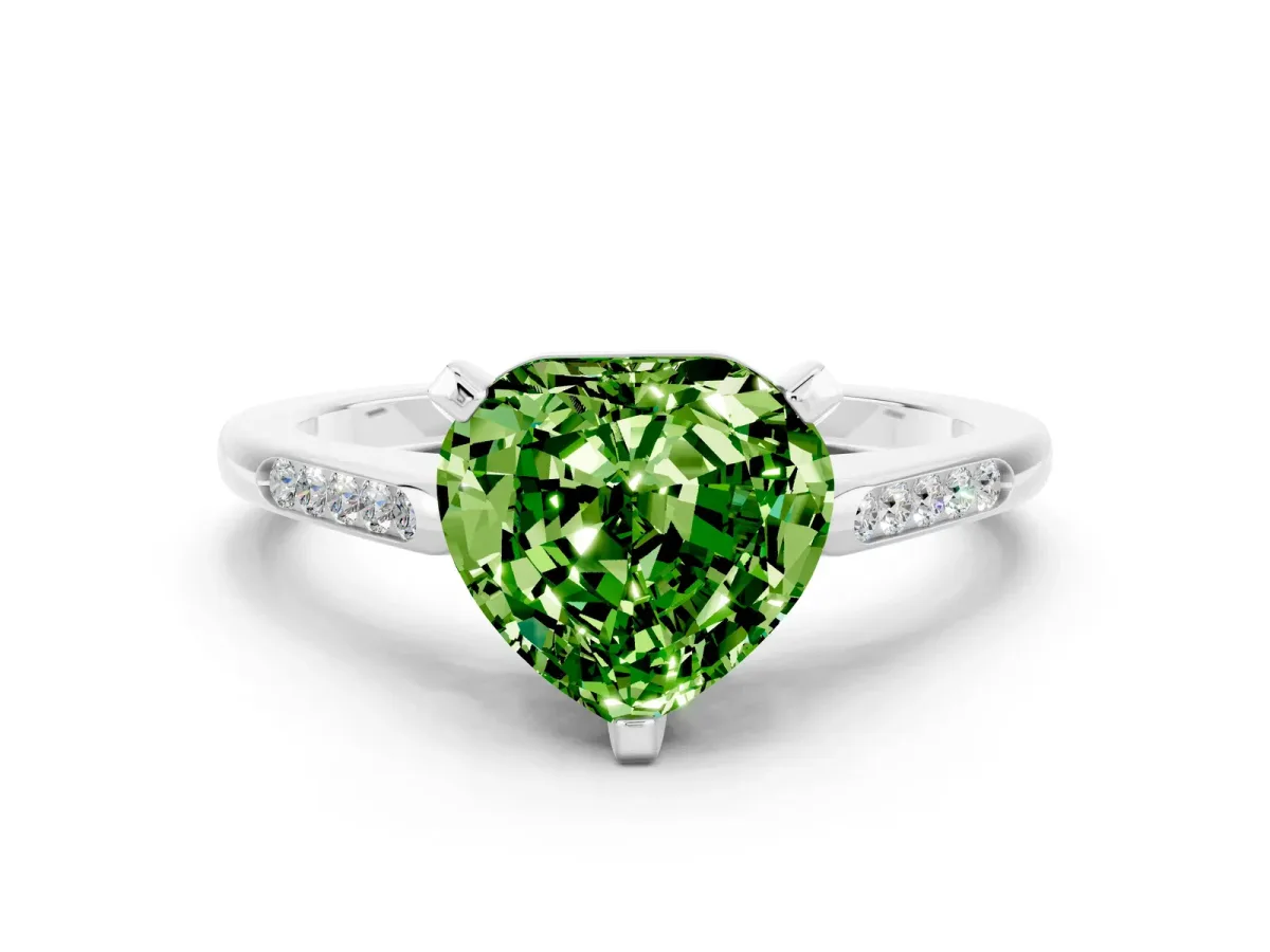Heart Cut Peridot Solitaire Ring with Channel Set Round Band and Prong Setting Silver