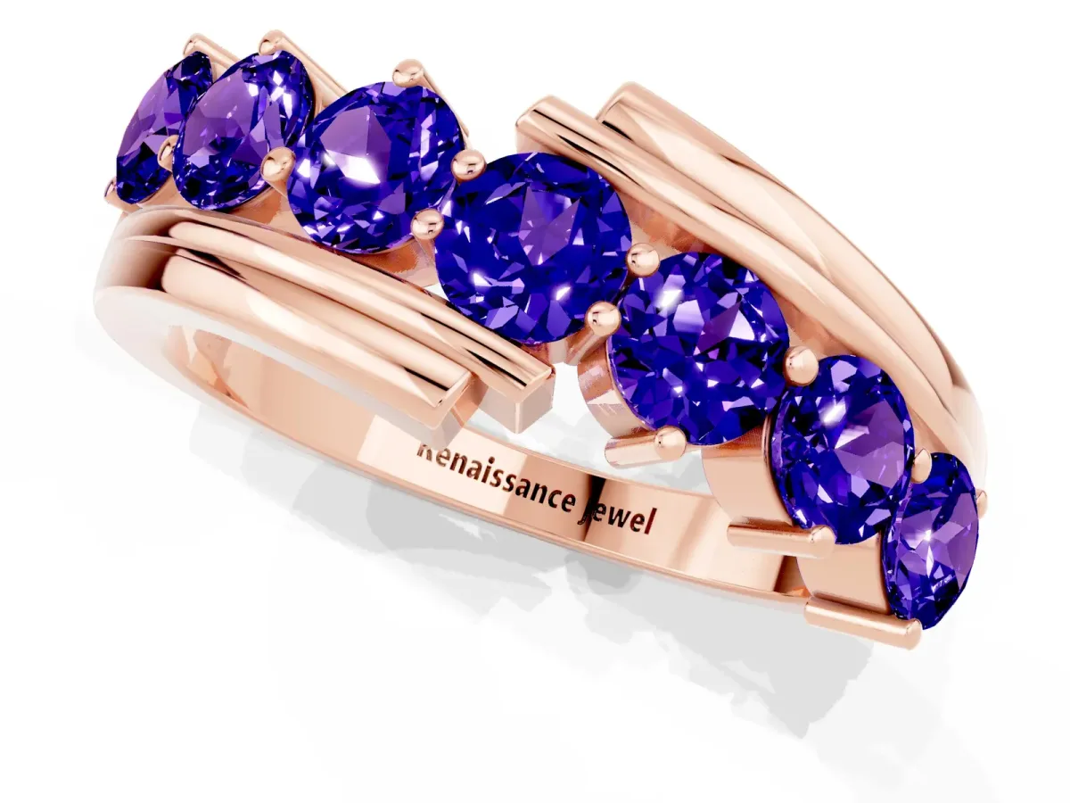 Round Tanzanite Wave Band with Channel and Shared Prong Setting Rose gold