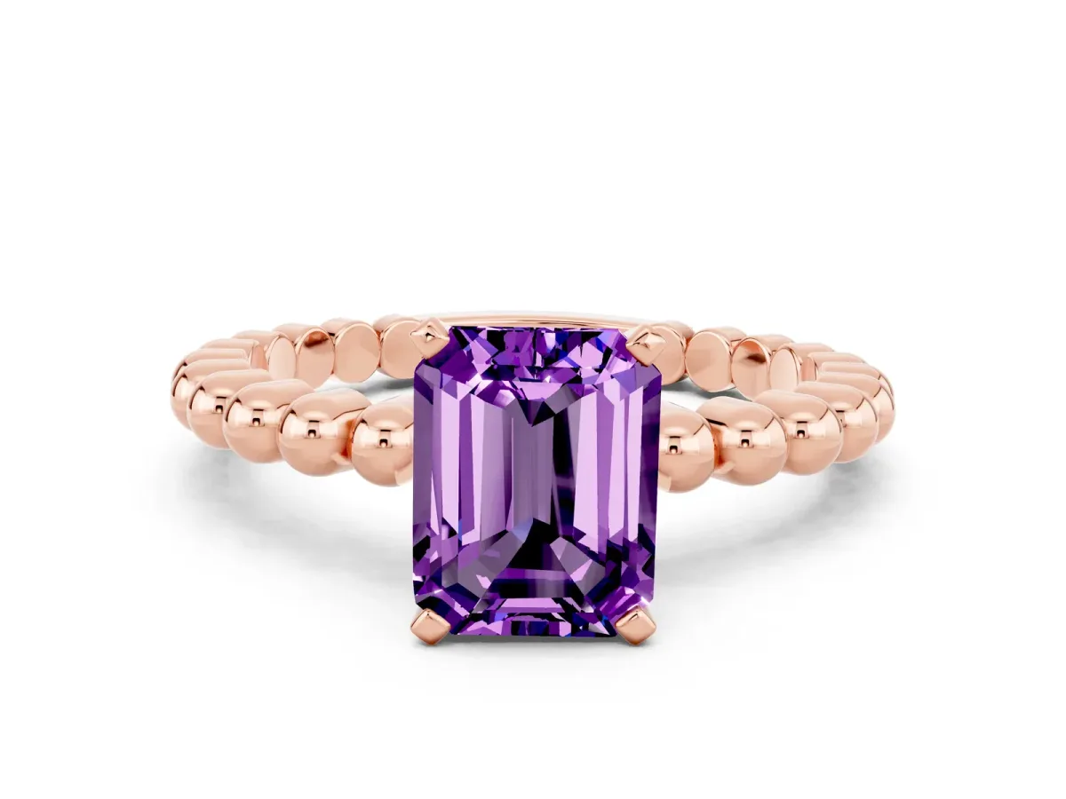 Emerald Cut Amethyst Solitaire Ring with Beaded Band and Prong Setting Rose gold