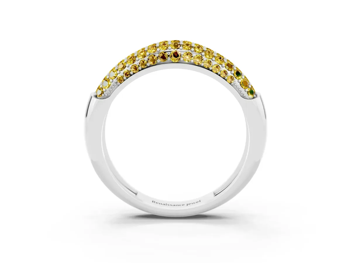 Three-Row Pavé Round Yellow Sapphire Dome Band Silver