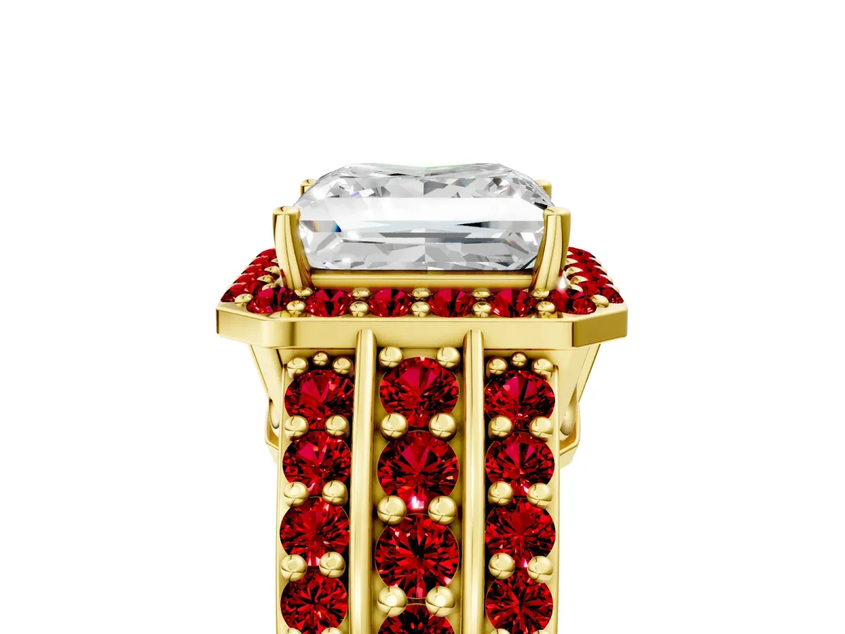 Princess Cut Halo Diamond Ring with Round Ruby Split Shank and Prong Setting Yellow gold