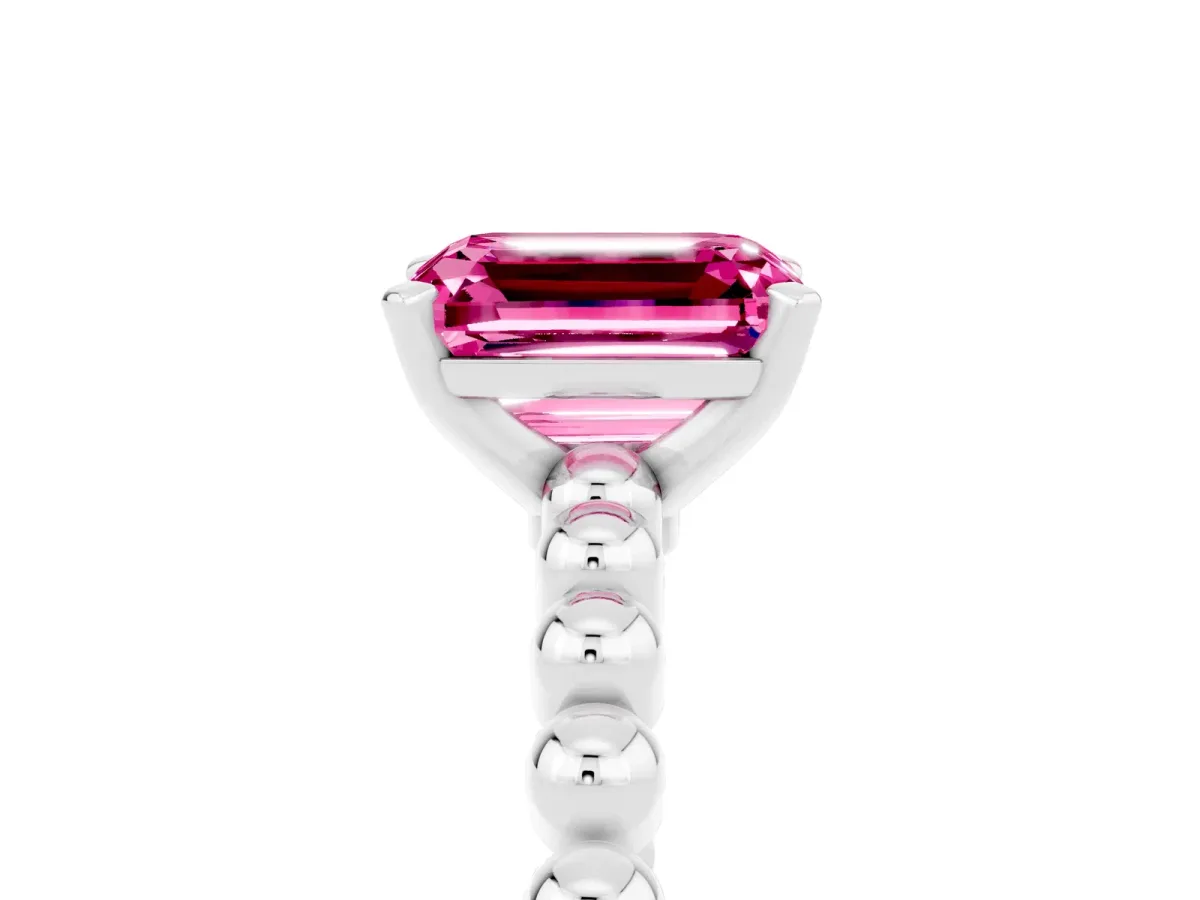 Emerald Cut Pink Sapphire Solitaire Ring with Beaded Band and Prong Setting Silver