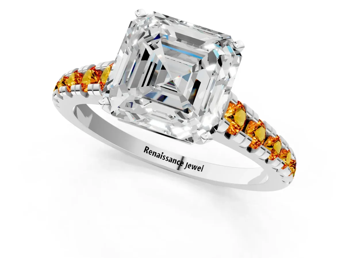 Asscher Cut Diamond Cathedral Solitaire Ring with Round Citrine Pavé Band Silver