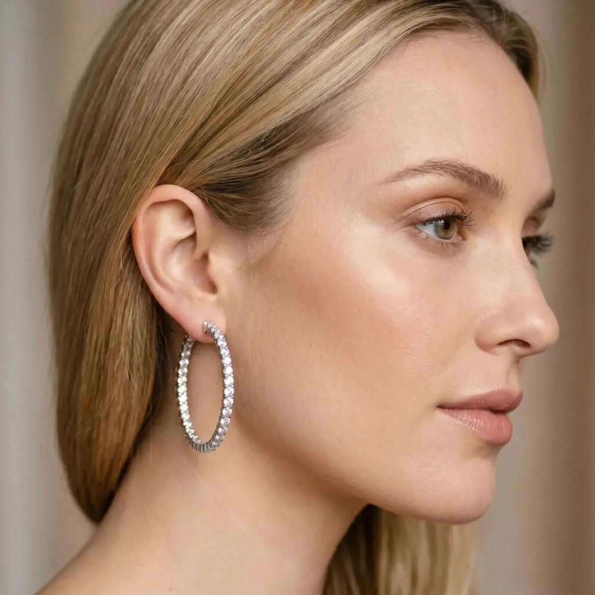 Round Diamond Eternity Hoop Earrings with Pavé Setting and Shared Prong White gold