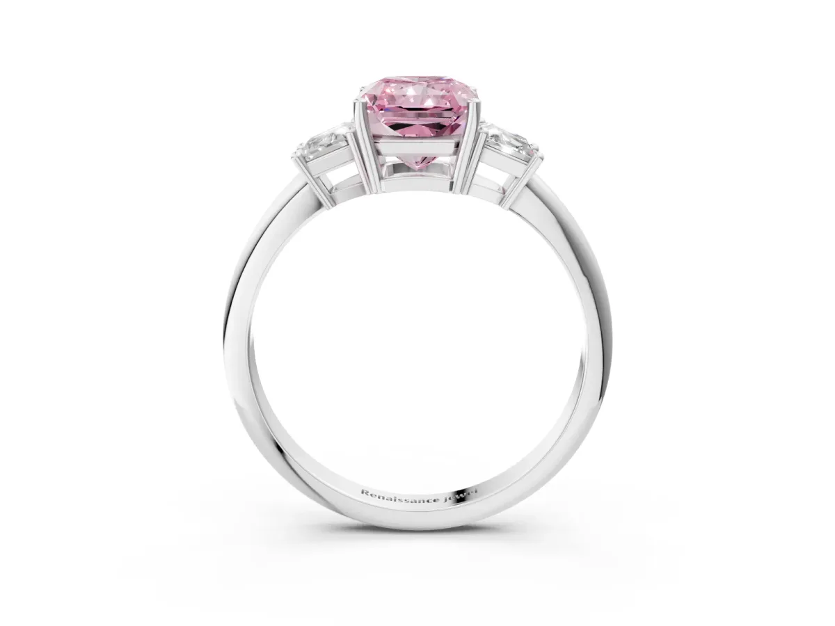 Fancy Pink Radiant Cut Diamond Three-Stone Ring with Trapezoid Side Stones and Prong Setting Silver