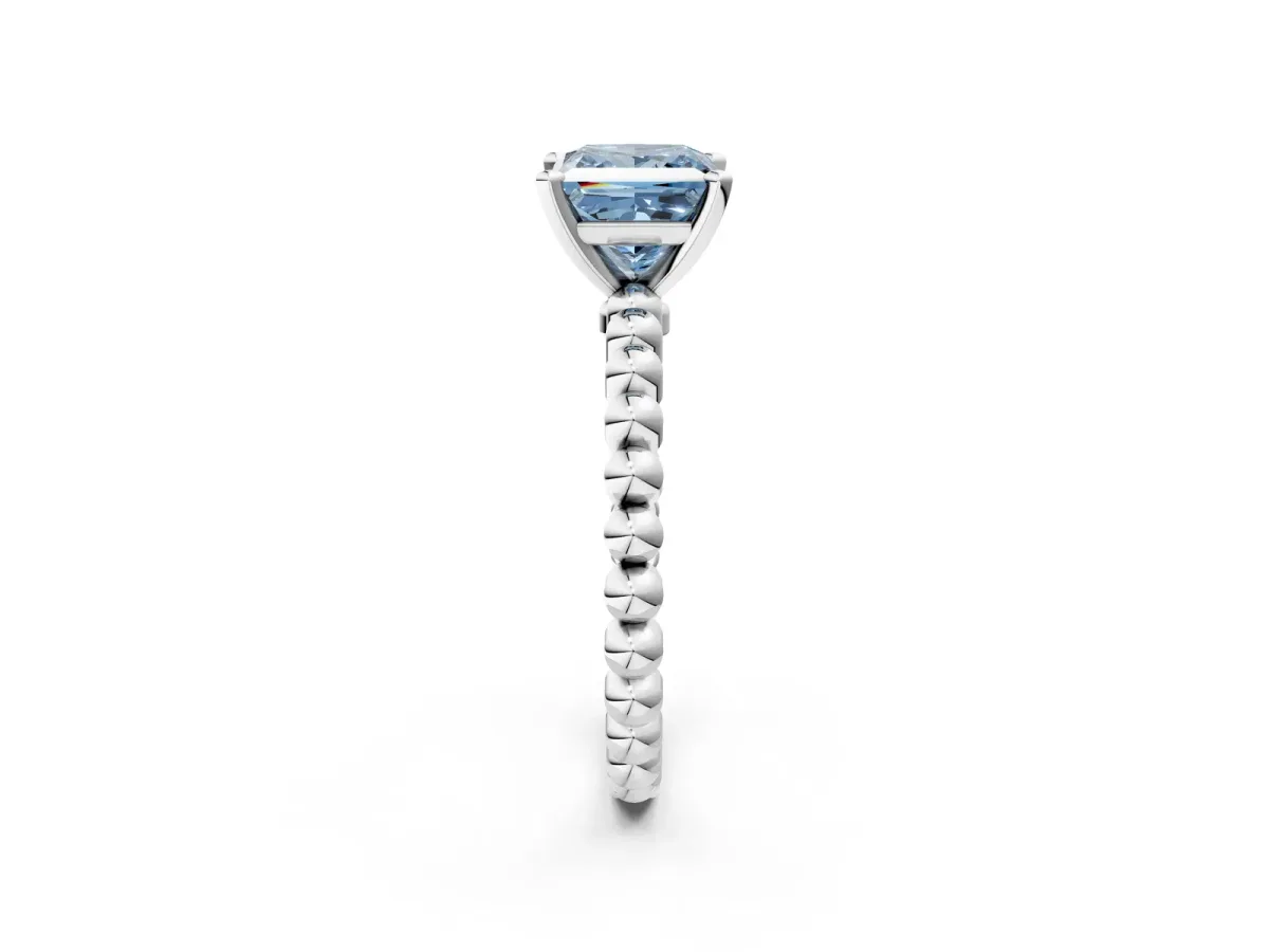 Fancy Blue Princess Cut Diamond Solitaire Ring with Beaded Band and Prong Setting Silver
