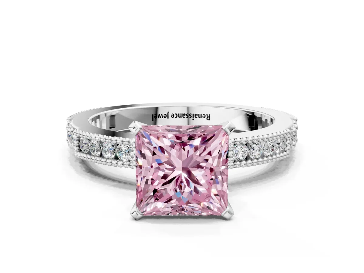 Fancy Pink Princess Cut Solitaire with Pavé Band and Four-Prong Setting Silver
