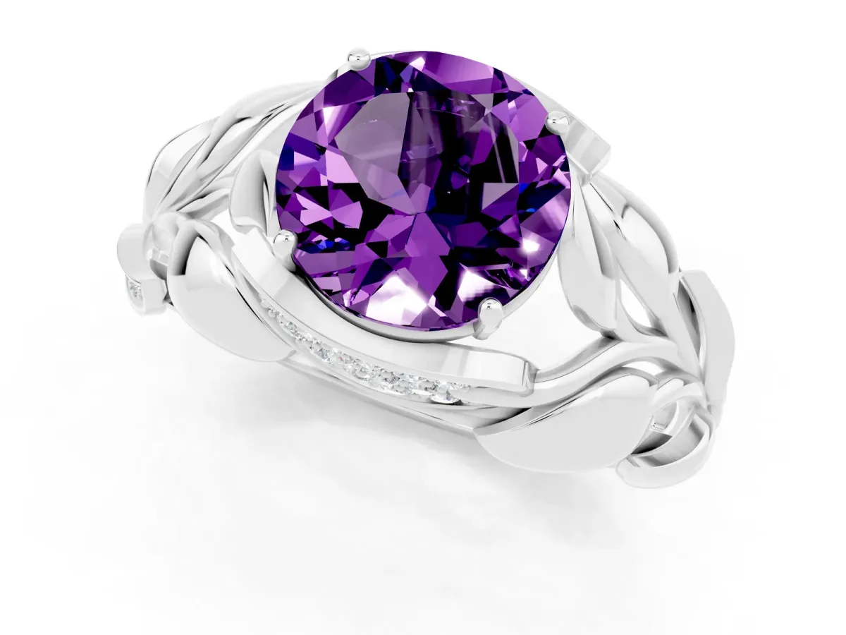 Round Cut Amethyst Leaf-Inspired Engagement Ring with Round Accents and Prong Setting Silver