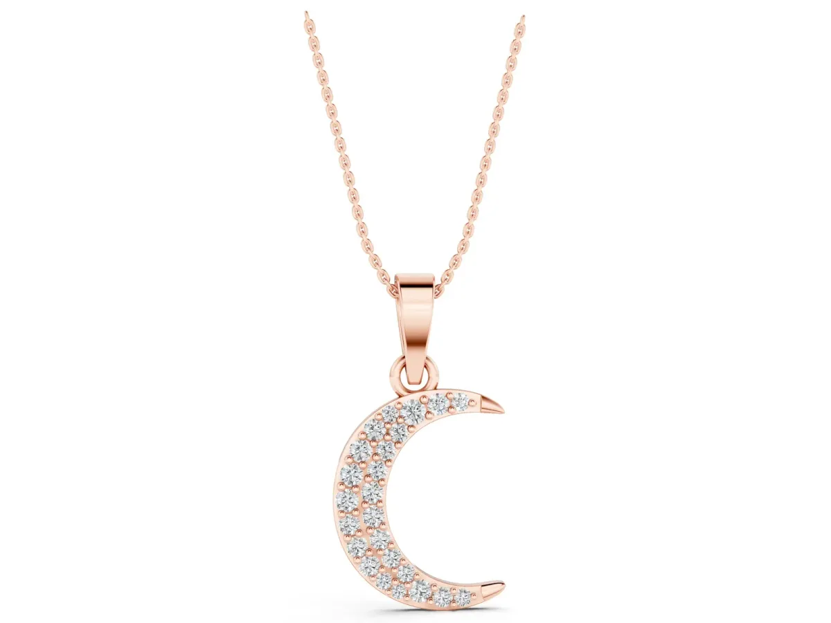 Pavé Round Diamond Crescent Pendant with Four-Prong Setting Rose gold