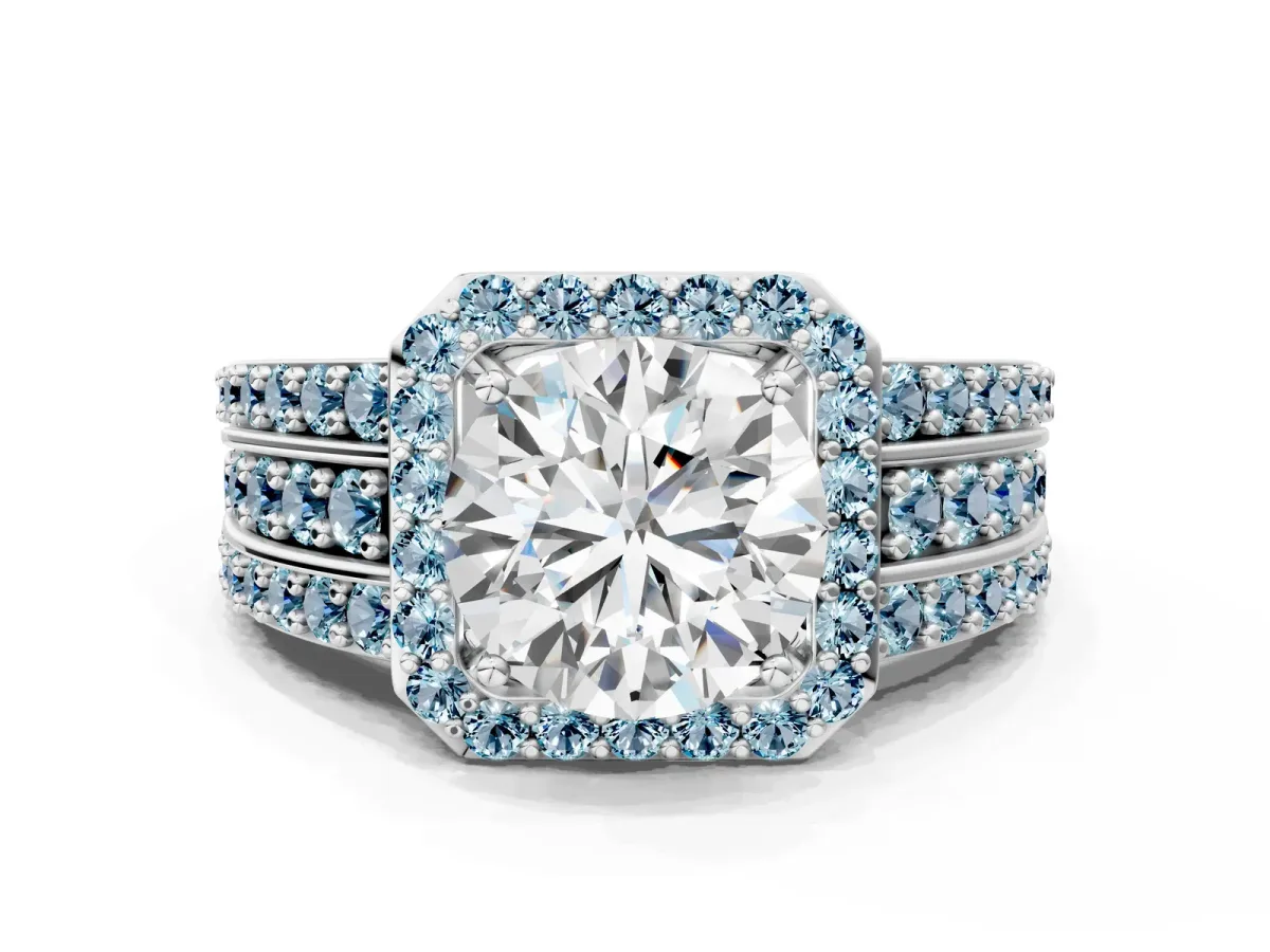 Round Cut Halo Diamond Ring with Round Aquamarine Split Shank and Prong Setting Silver