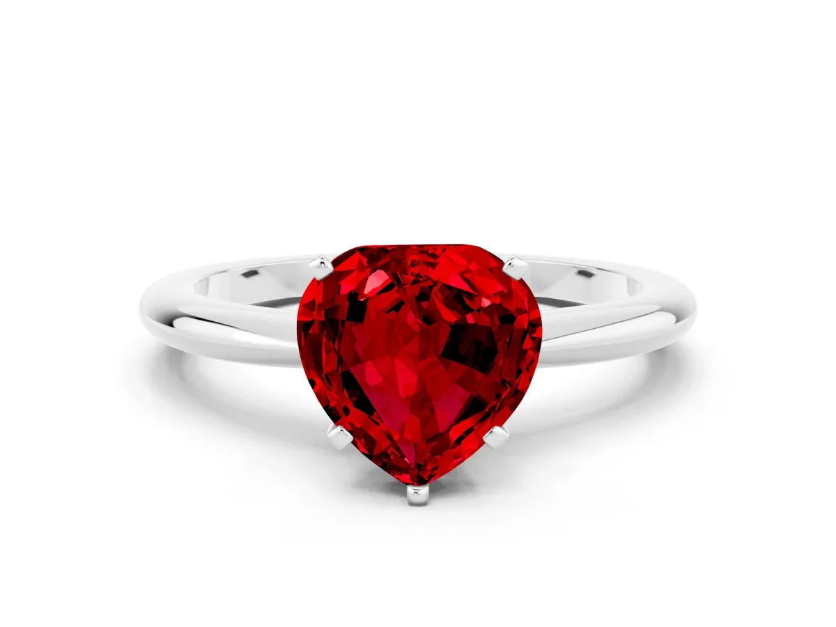 Heart Cut Ruby Solitaire Ring with Six-Prong Setting and Classic Band Silver