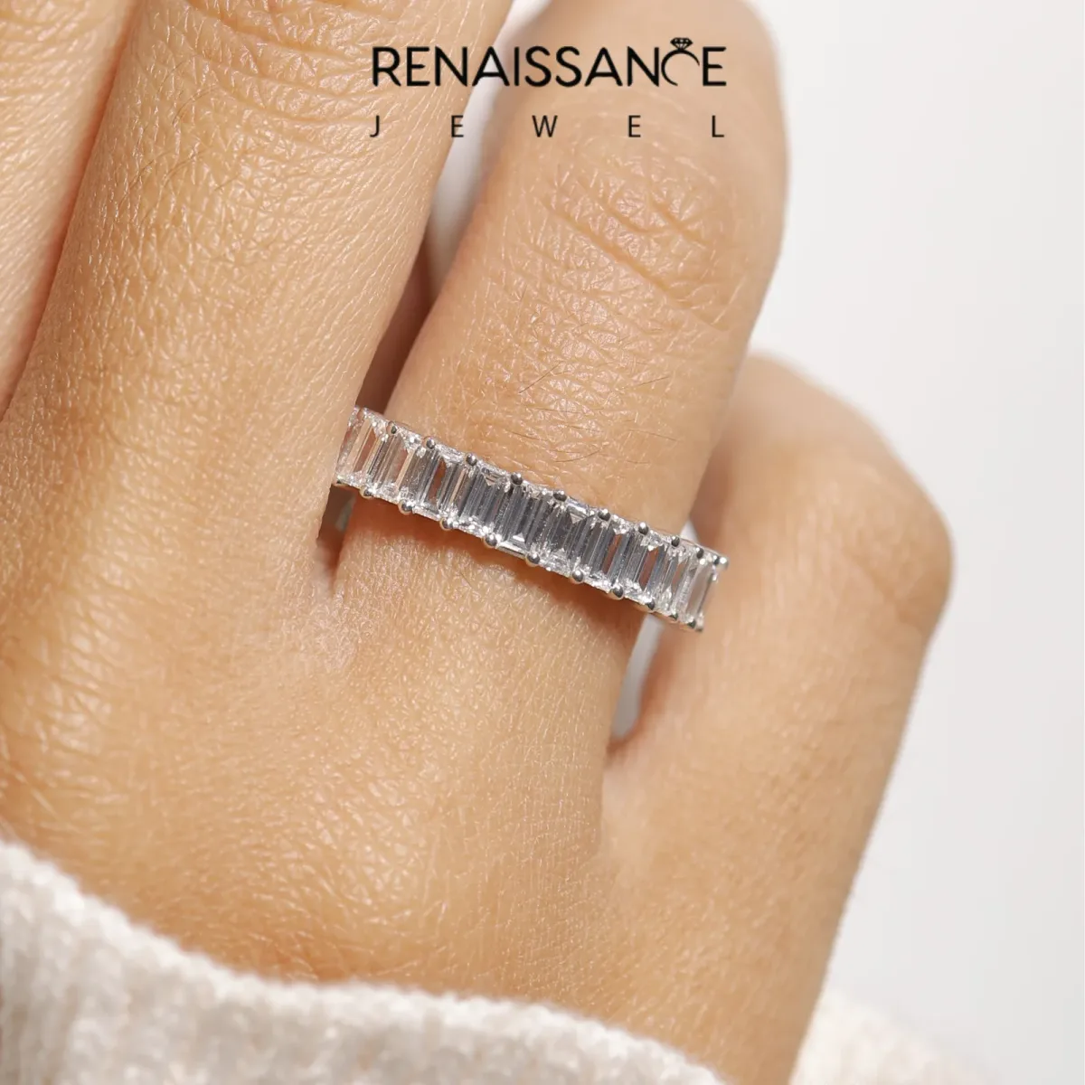 Baguette Cut Eternity Band with Shared Prong Setting White gold