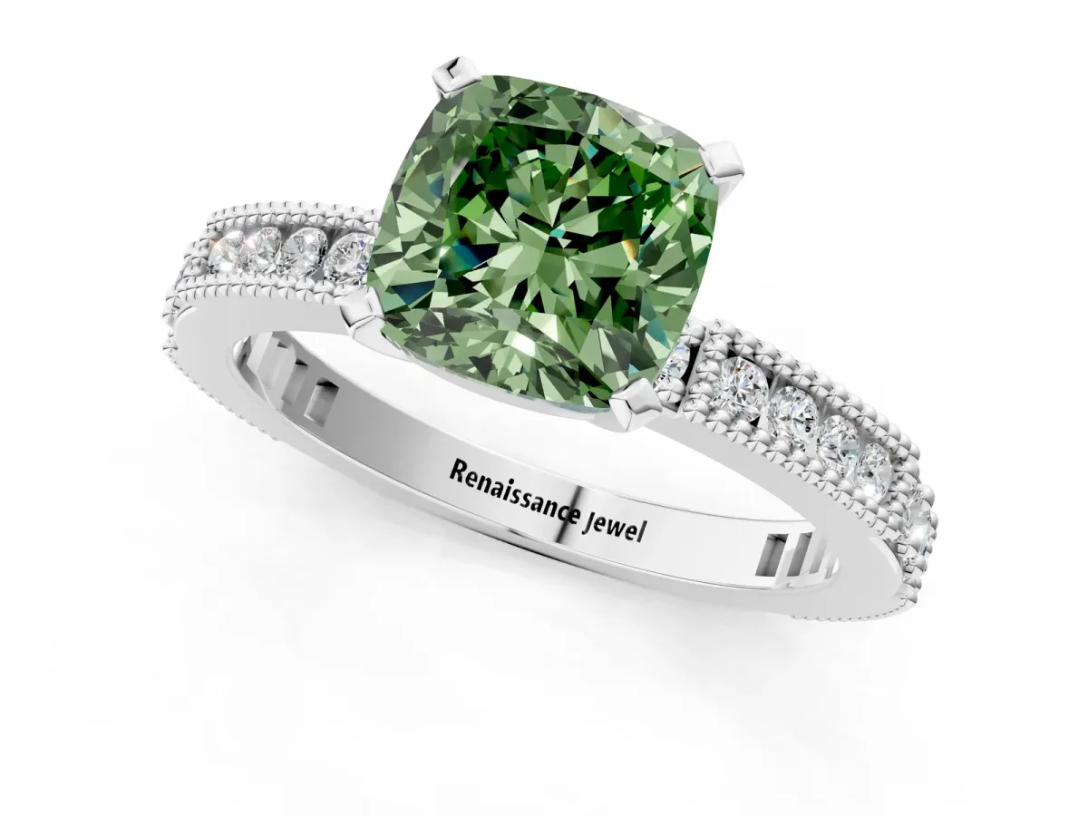 Fancy Green Cushion Cut Solitaire with Pavé Band and Four-Prong Setting Silver