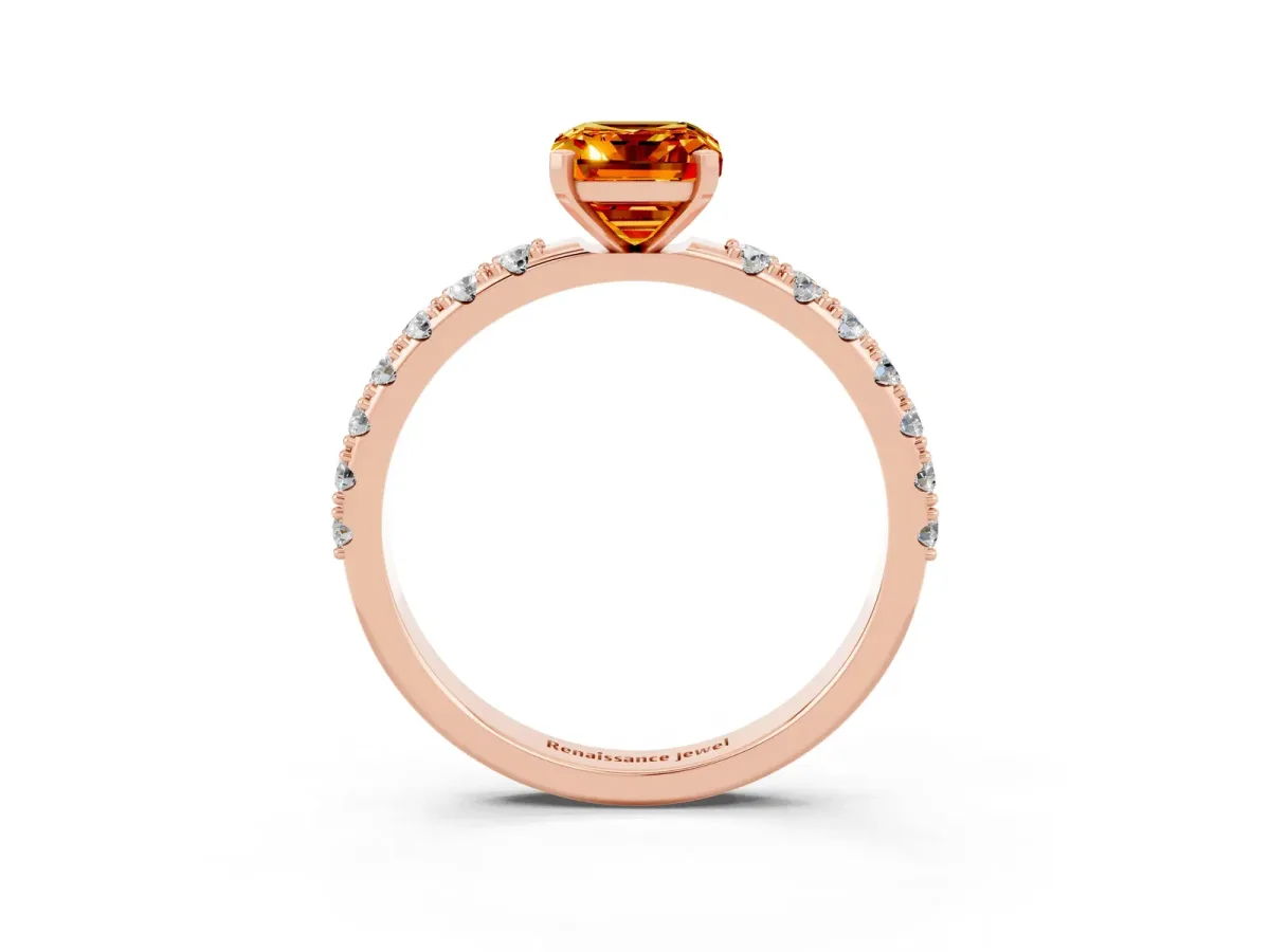 Emerald Cut Citrine Solitaire Pavé Band with Four-Prong Setting Rose gold