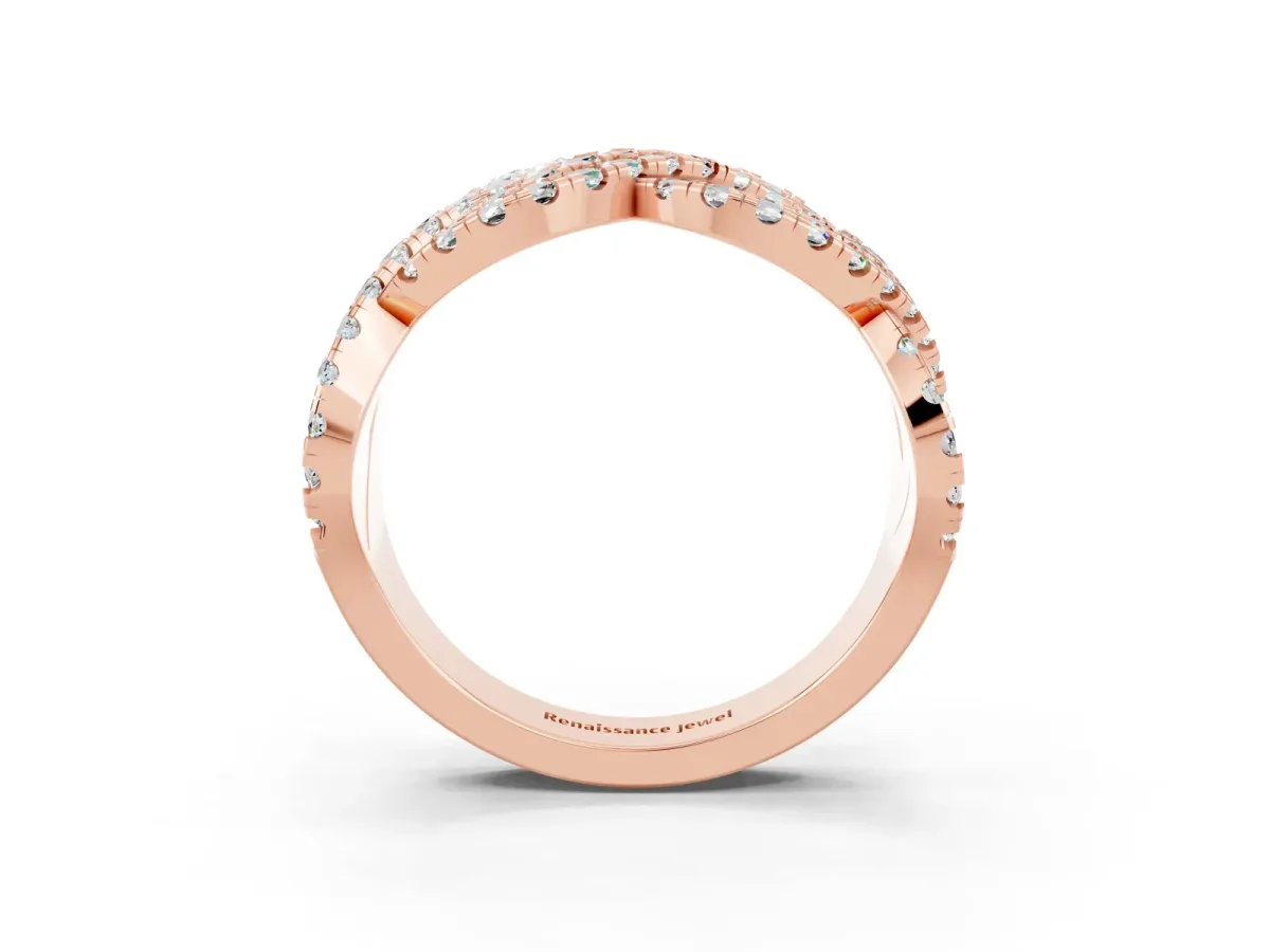 Pavé Round Moissanite Infinity Twist Band with Shared Prong Setting Rose gold