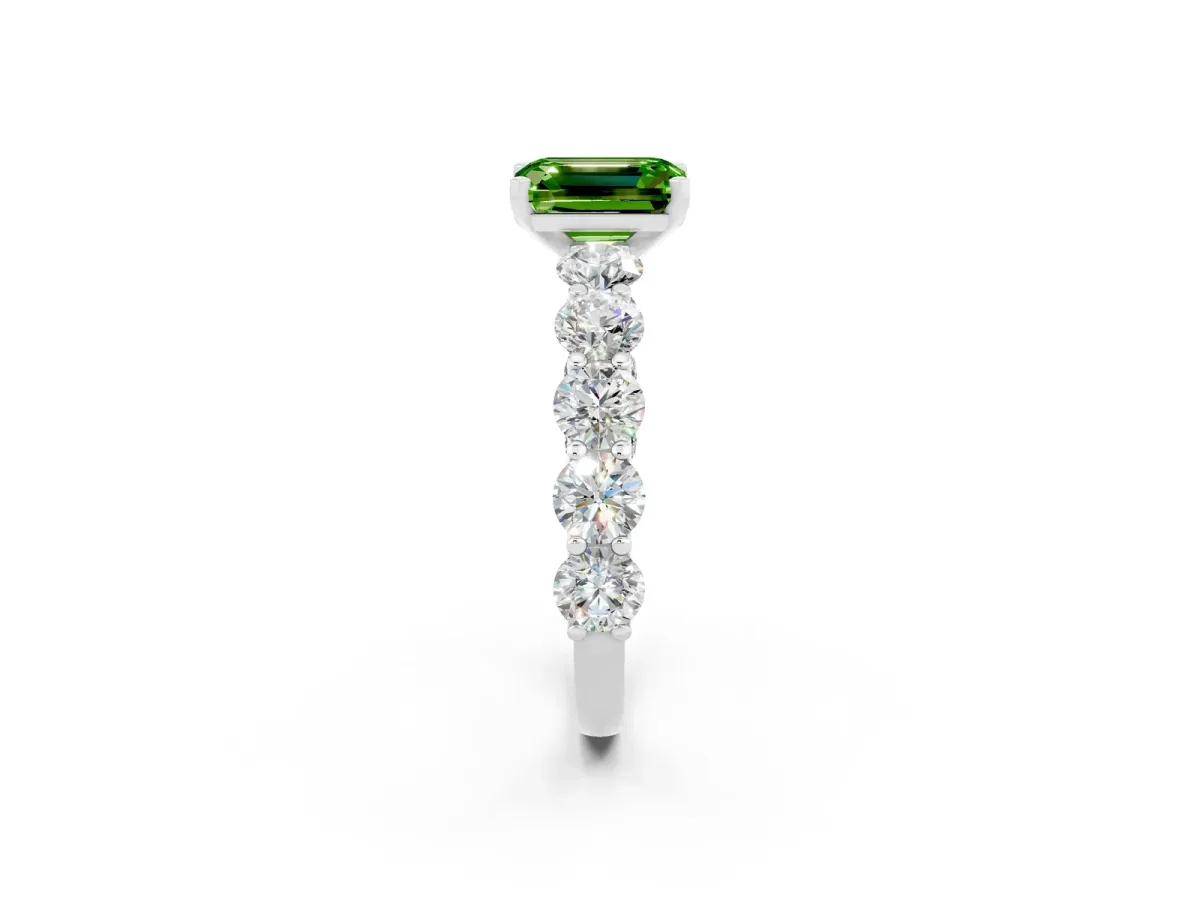 Emerald Cut Peridot Prong Setting with Side Stones on a Pave Band Silver
