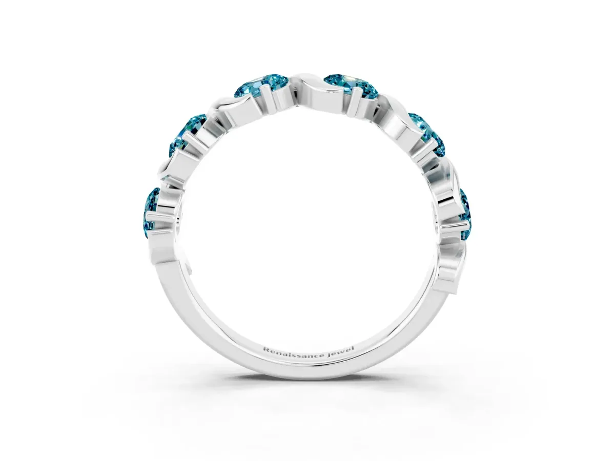 Round Blue Topaz Half Eternity Band with Wave Prong Setting Platinum