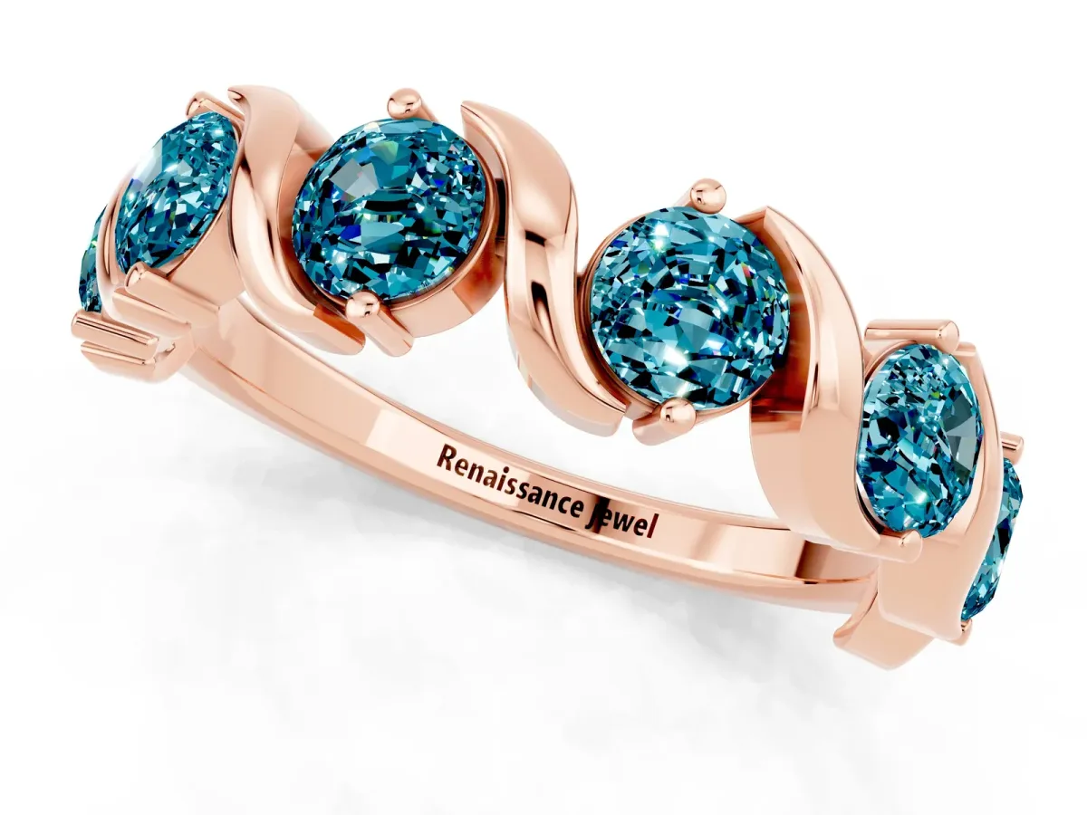 Round Blue Topaz Half Eternity Band with Wave Prong Setting Rose gold