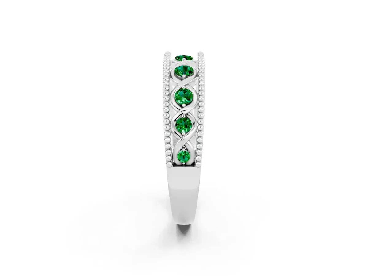 Round Emerald Twist Milgrain Band with Bezel Setting White gold