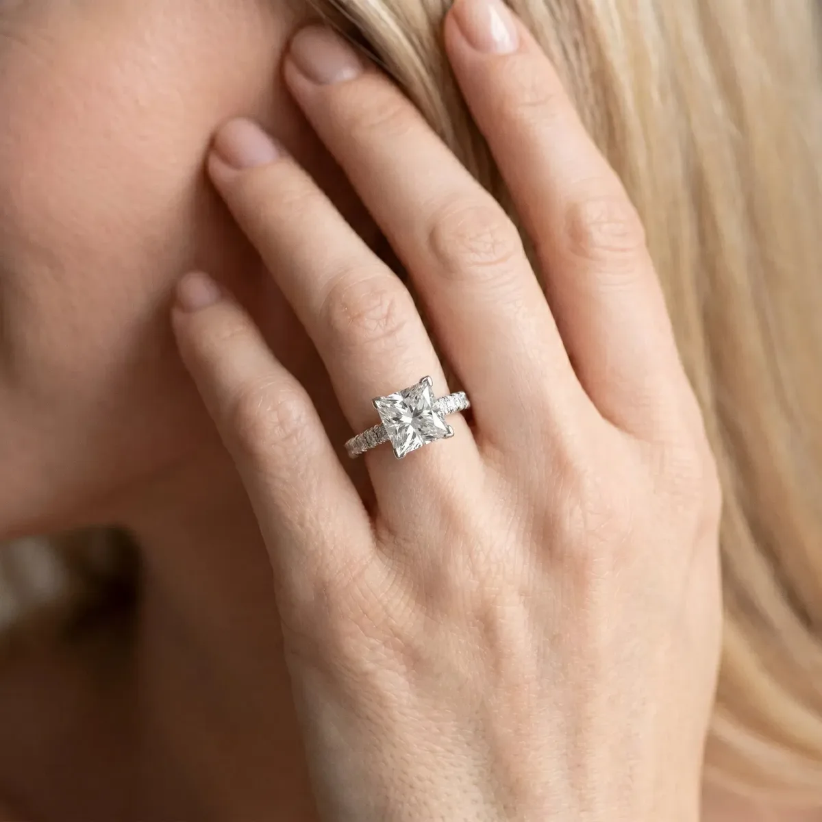 Princess Cut Diamond Cathedral Solitaire Ring with Round Pavé Band Platinum