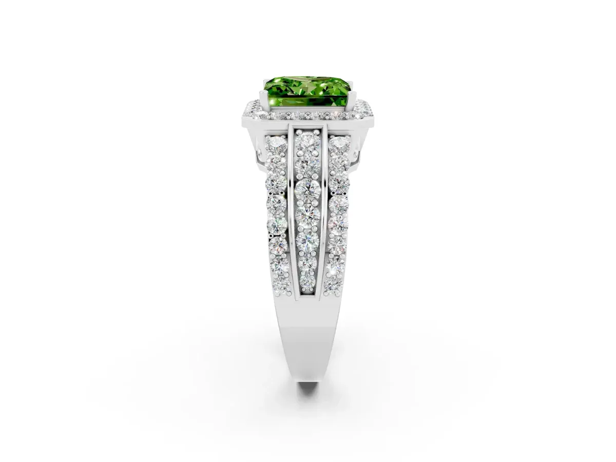 Princess Cut Halo Peridot Ring with Round Split Shank and Prong Setting Silver