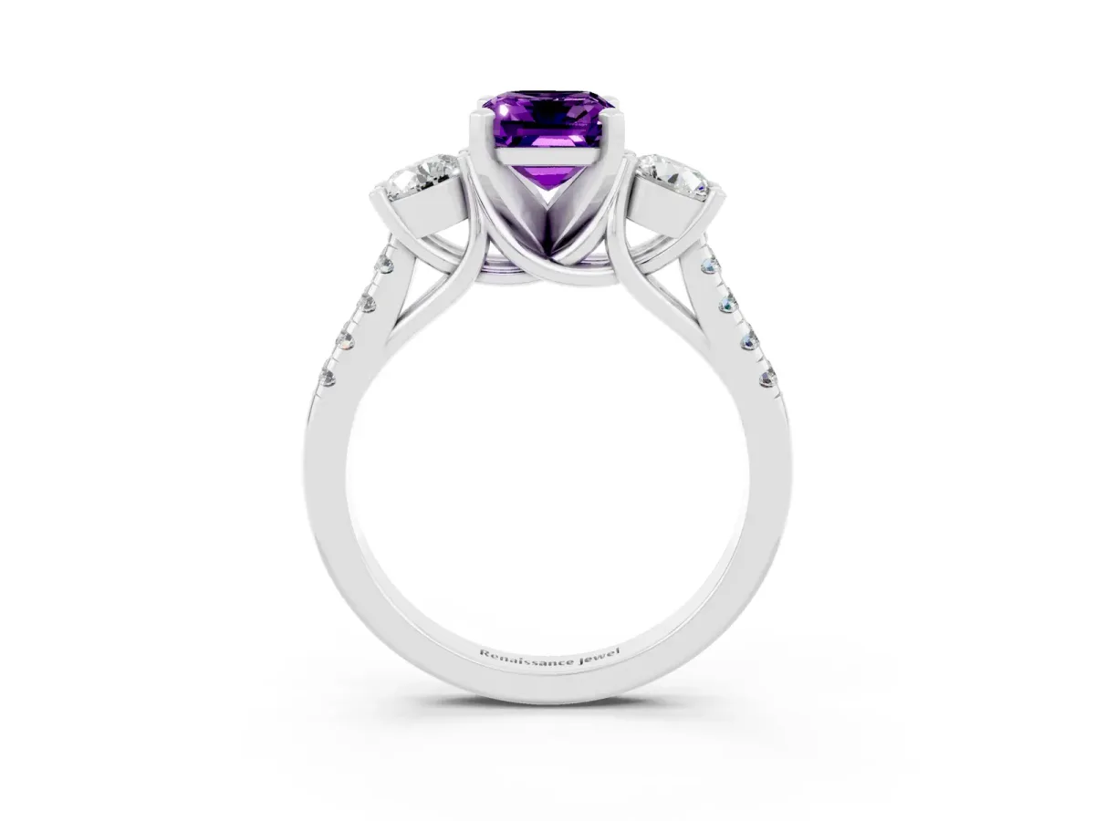 Three-Stone Emerald Cut Amethyst Pavé Band with Four-Prong Setting Silver