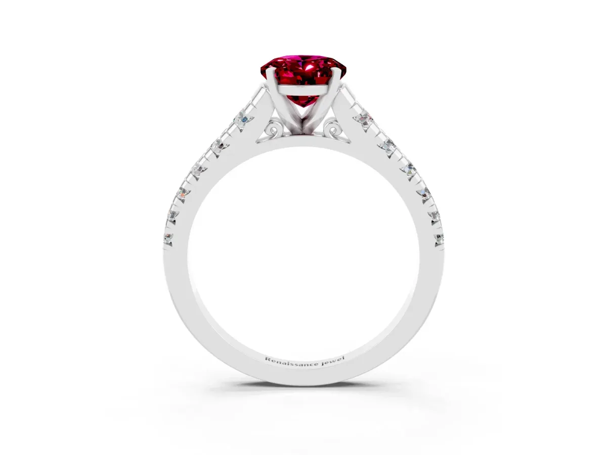 Oval Cut Garnet Cathedral Solitaire Ring with Round Pavé Band White gold