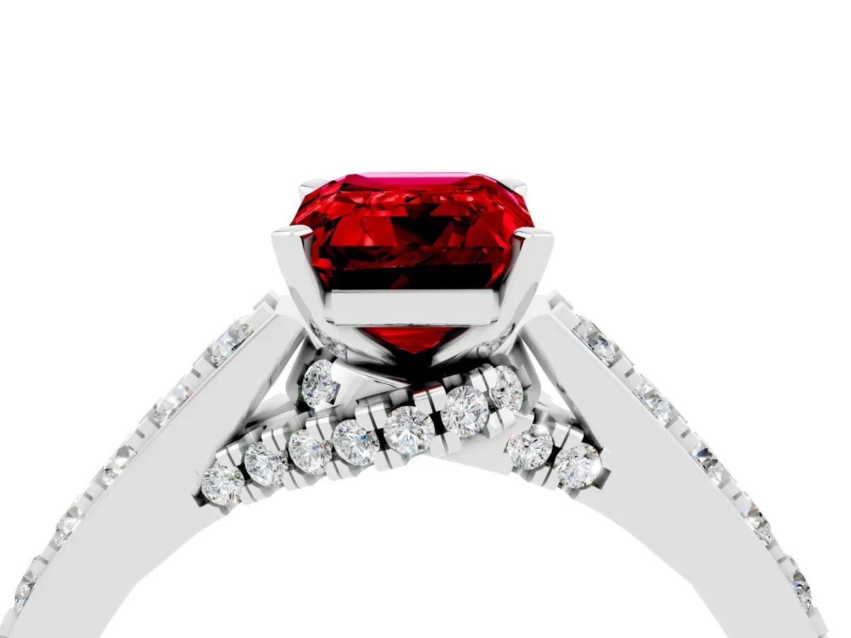 Emerald Cut Ruby Solitaire Ring with Crossover Gallery and Round Pavé Band Silver