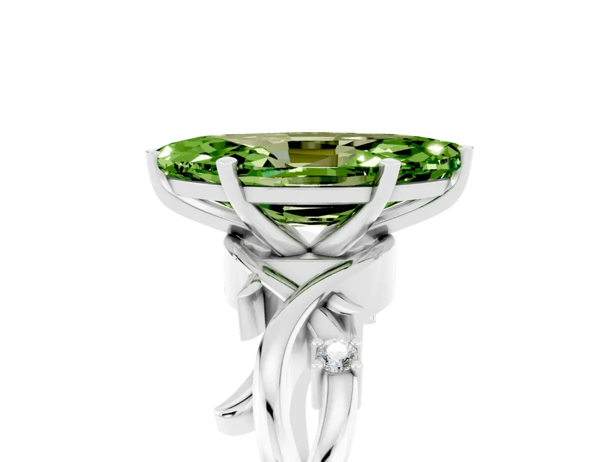 Marquise Cut Peridot Solitaire Ring with Twisted Band and Prong Setting Platinum